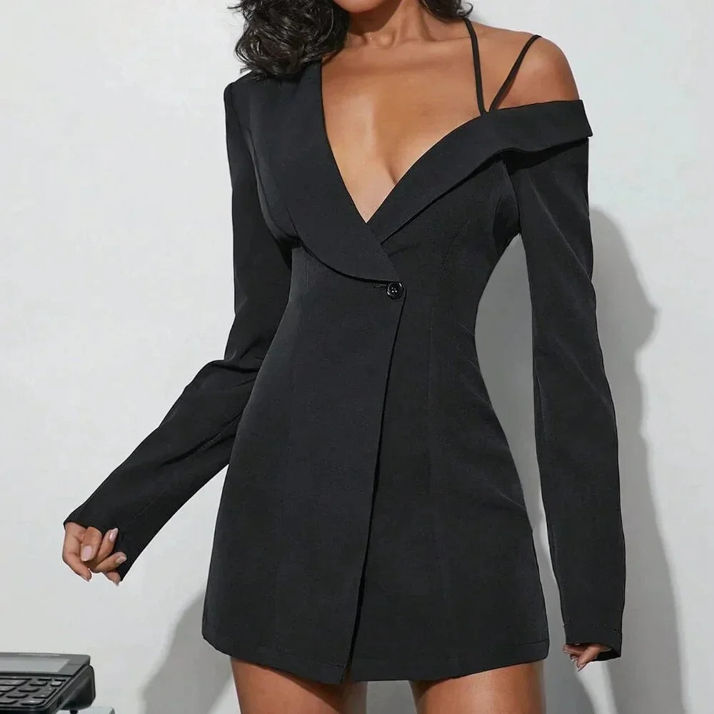 Black Elegant Women's Sexy Solid Asymmetrical Blazer Mini Dress